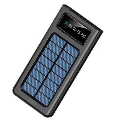 Carregador portátil solar preto com visor digital e painel solar azul