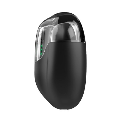 Dispositivo eletrônico preto com parte superior transparente em fundo branco