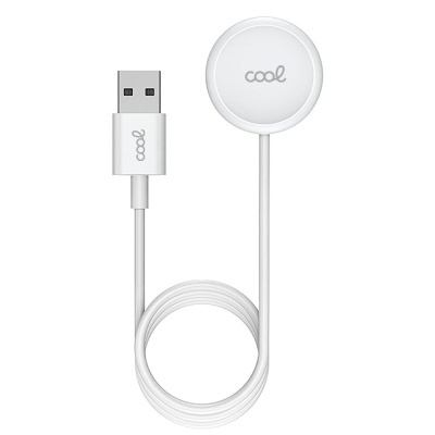 Cabo USB branco com carregador circular e o texto cool