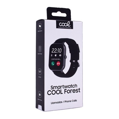 Embalagem de smartwatch COOL Forest com mostrador digital preto e bracelete preta