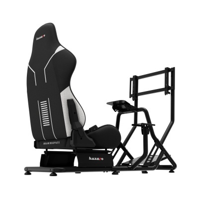 Simulador de condução preto com estofamento e estrutura metálica para jogos