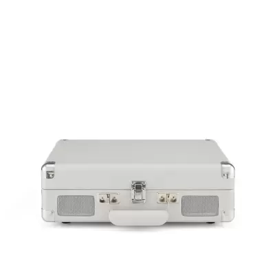 Mala cinzenta com fecho metálico e redes metálicas frontais