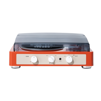 Gira-discos retro laranja com tampa transparente