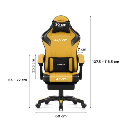 Cadeira de escritório de jogo amarela e preta com medidas e marca huzaro