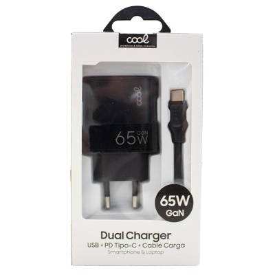 Carregador duplo preto 65W GaN com cabo USB-C em embalagem branca