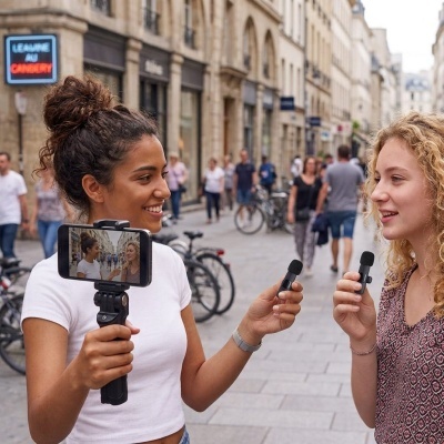 Duas mulheres a gravar vídeo na rua com microfones e smartphone