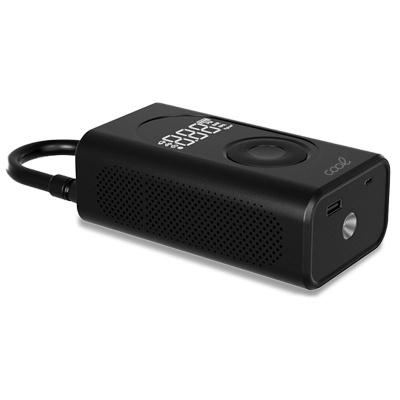 Inflador portátil preto com visor digital e botão circular