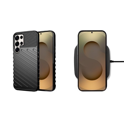 Telemóvel com capa preta texturizada e base de carregamento sem fios