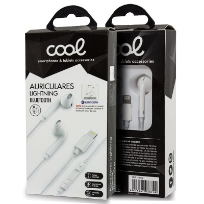 Caixa de auriculares Lightning Bluetooth marca Cool em preto e branco