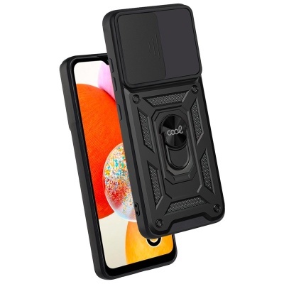 Capa preta robusta para smartphone com suporte circular e design texturizado