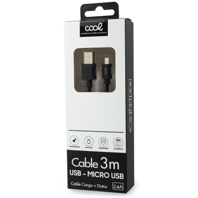 Embalagem de cabo USB Micro USB preto de 3 metros da marca Cool