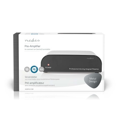 Pré-amplificador Nedis para gira-discos com design metálico na embalagem branca