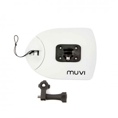 Suporte branco Muvi para câmera com montagem preta e acessório extra