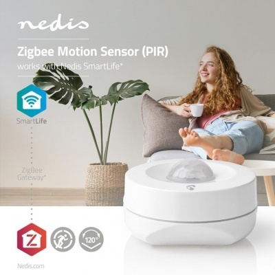 Sensor de movimento Zigbee branco Nedis com texto promocional e mulher ao fundo
