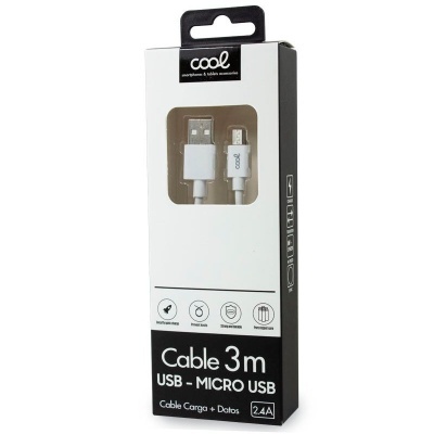 Cabo USB para micro USB de 3 metros em embalagem branca e preta