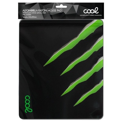 Mouse pad preto com garras verdes e texto 'cool'