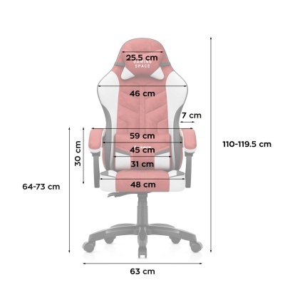 Cadeira de gaming vermelha e branca com base preta e rodas, com texto GAMING SPACE e medidas em cm.