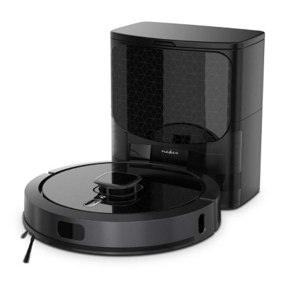 Aspirador robô preto com base de carregamento preta