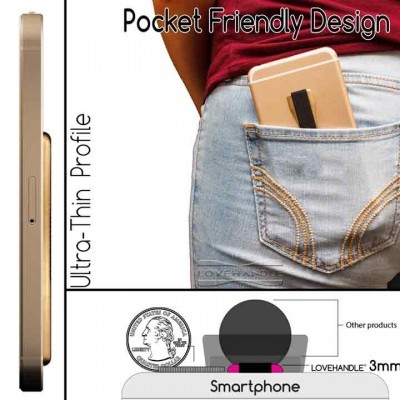 Suporte ultra-fino LOVEHANDLE preto para smartphone em bolso de calças jeans com texto promocional