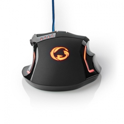 Rato gaming preto com iluminação laranja e cabo azul