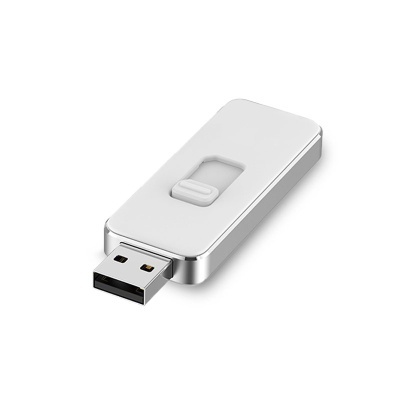 Pen USB metálico com corpo branco e ranhura deslizante