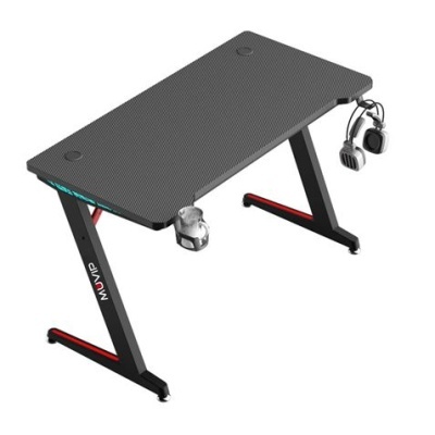 Secretária preta com estrutura metálica vermelha e preta, suporte para auscultadores e copo.