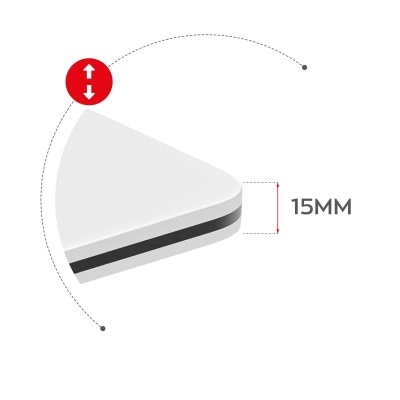 Objeto triangular branco com camada preta e indicação de 15MM de altura.