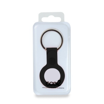 Chaveiro preto com suporte para AirTag em embalagem de plástico