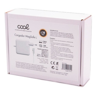 Embalagem branca de carregador MagSafe 60W da marca cool com texto informativo