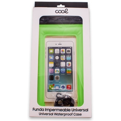 Funda impermeável universal COOL verde e preta com telemóvel dentro em embalagem branca