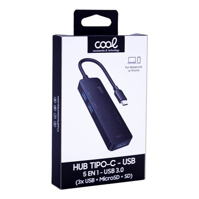 Embalagem de hub USB tipo C preto da marca Cool com texto e ilustracão do produto