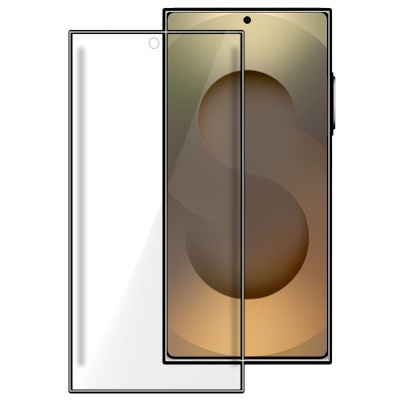 Telemóvel dourado com vidro protetor transparente e buraco para câmara frontal