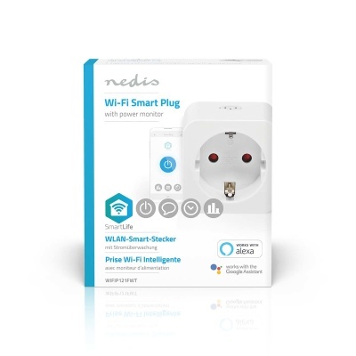 Embalagem de tomada inteligente Wi-Fi Smart Plug Nedis com monitor de energia, branca e azul.