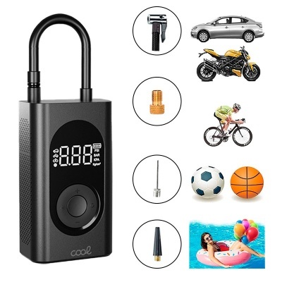 Bomba de ar digital preta com visor e adaptadores para carros, bicicletas, bolas e boias