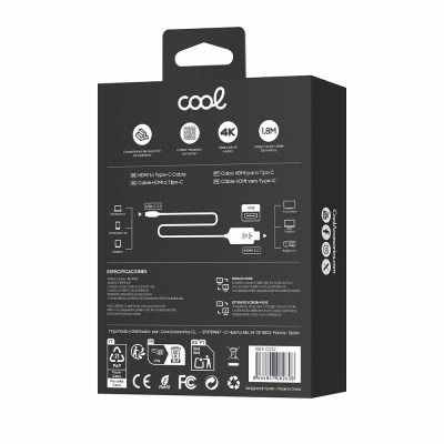 Embalagem preta de cabo HDMI Tipo C com especificações e ícones