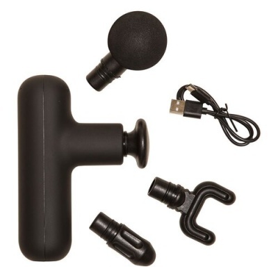Pistola de massagem elétrica preta com acessórios e cabo USB