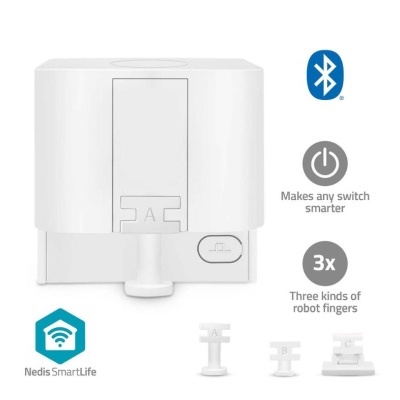 Dispositivo branco com três tipos de dedos robóticos para automatizar interruptores e ícones Bluetooth e Nedis SmartLife