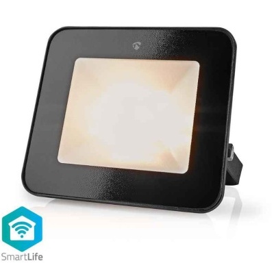 Projetor de luz LED quadrado preto com difusor branco e ícone SmartLife