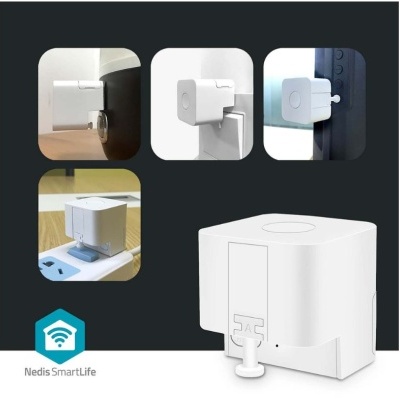 Dispositivo branco quadrado da Nedis SmartLife em várias tomadas e aplicações.