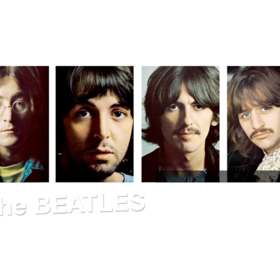 Retratos dos quatro membros dos The Beatles com texto branco The BEATLES