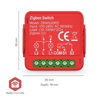 Interruptor Zigbee vermelho com conectores verdes e texto técnico branco