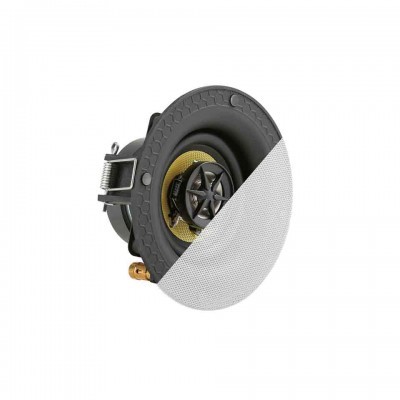 Coluna de som embutida redonda com grelha branca e componentes amarelo e preto