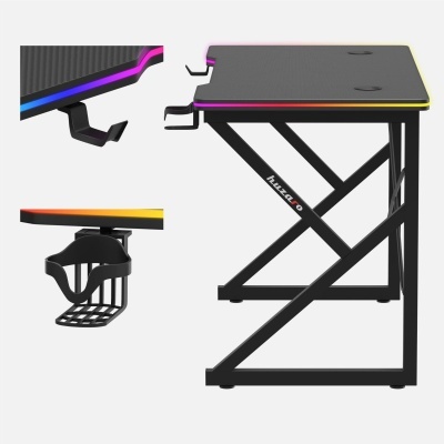 Secretária gaming preta com luzes RGB e suportes para auriculares e bebida