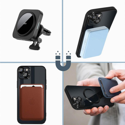 Quatro acessórios para iPhone incluindo suporte carro, power bank, carteira castanha e carteira azul removível