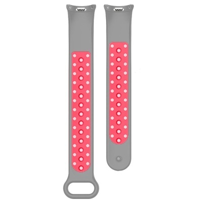 Pulseira de relógio inteligente cinzenta e rosa com furos circulares