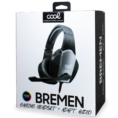 Caixa do headset gaming Bremen da marca Cool, preto e cinza, com microfone ajustável