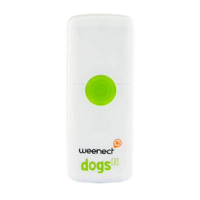 Dispositivo branco com botão verde e texto Weenect Dogs 2