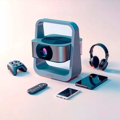 Projetor portátil cinzento com acessórios eletrónicos sobre superfície clara.