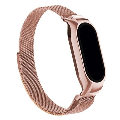 Smartwatch com bracelete de malha metálica cor de rosa dourado e visor preto oval