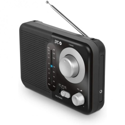 Rádio portátil preto SPC com antena telescópica e botões prateados
